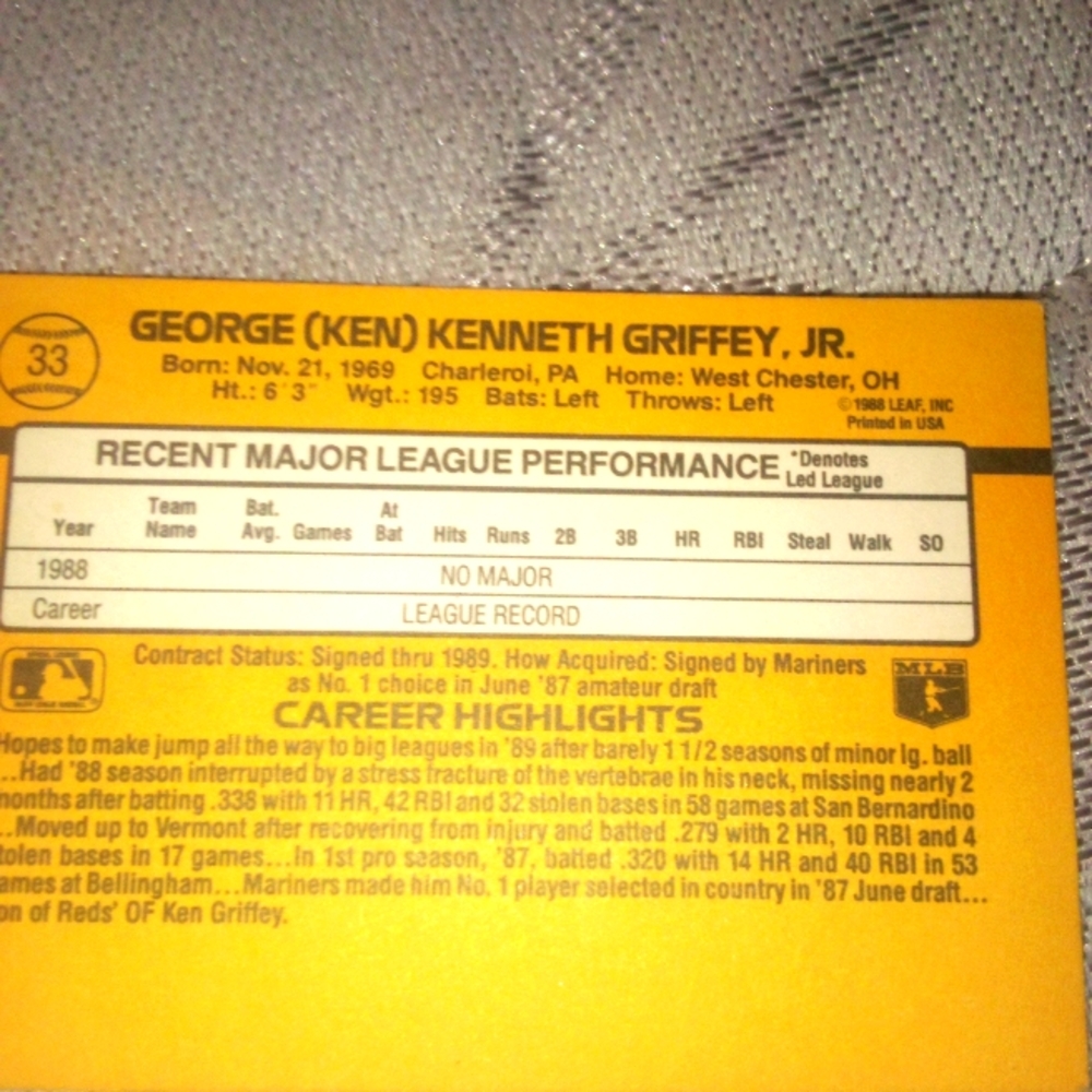Ken Griffey JR error card no dot after inc